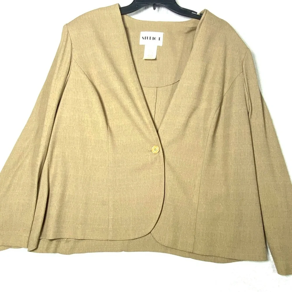 VINTAGE Studio I Single Button Blazer Women's 20W Tan Collarless Business USA